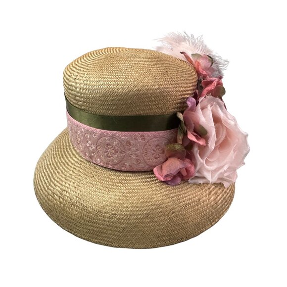 Fleur de Paris Derby Hat Straw Boater Pink Roses Feather 23in w/ Box - Picture 2 of 4